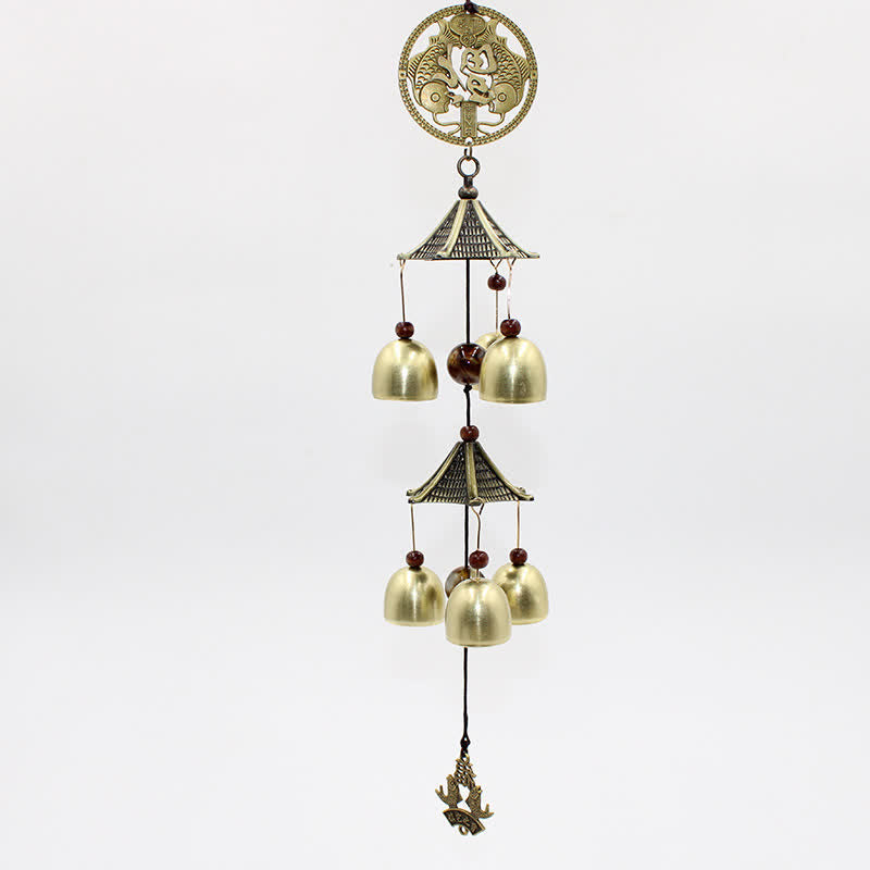 Buddha Stones Two-Tier Solid Copper Pi Xiu Bagua Koi Fish Wealth Bells & Chimes - image 3