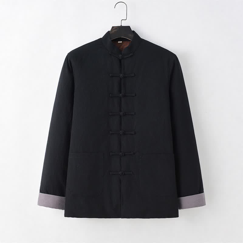 Buddha Stones Fall Winter Casual Tang Style Frog Button Solid Cotton Men's Jacket With Pockets - Black - US/UK/AU44，EU54 (4XL) - image 3