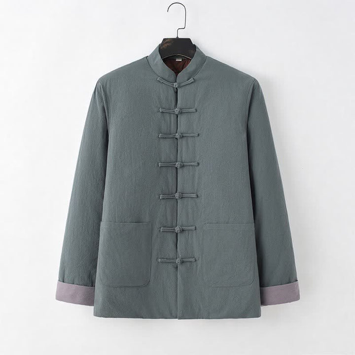 Buddha Stones Fall Winter Casual Tang Style Frog Button Solid Cotton Men's Jacket With Pockets - CadetBlue - US/UK/AU44，EU54 (4XL) - image 5