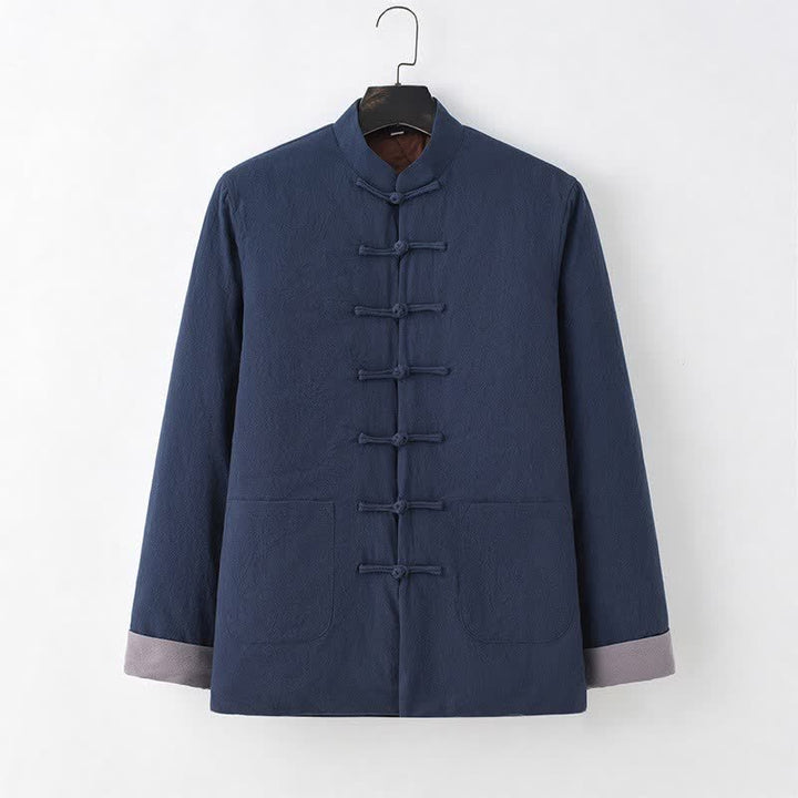 Buddha Stones Fall Winter Casual Tang Style Frog Button Solid Cotton Men's Jacket With Pockets - image 1