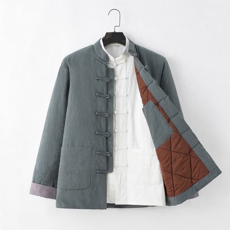 Buddha Stones Fall Winter Casual Tang Style Frog Button Solid Cotton Men's Jacket With Pockets - image 6
