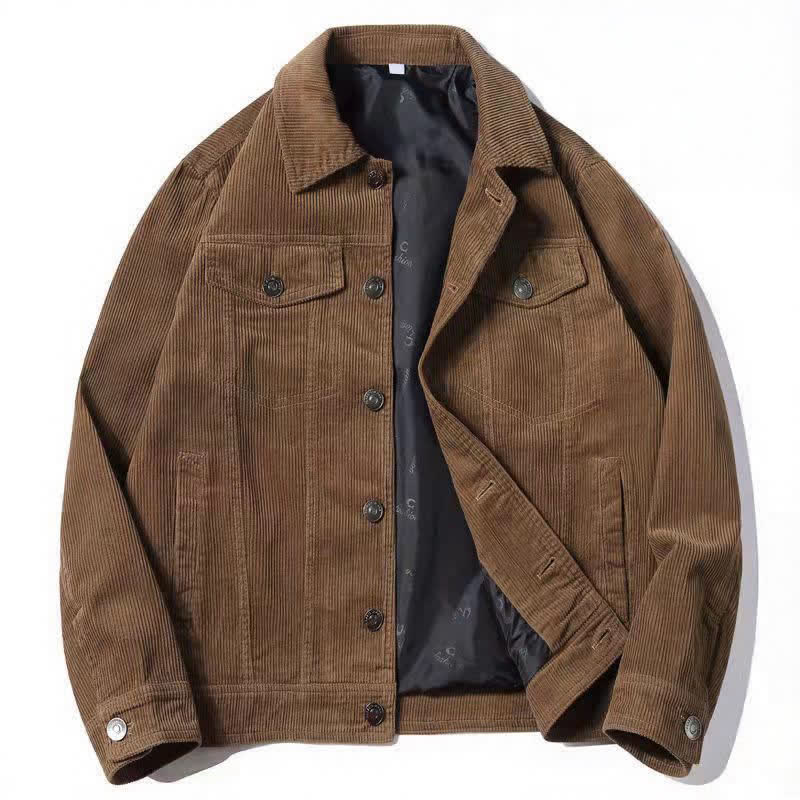Buddha Stones Fall Vintage Simple Button-Up Solid Corduroy Men's Jacket With Pocket - DarkGoldenrod - US/UK/AU44，EU54 (4XL) - image 0