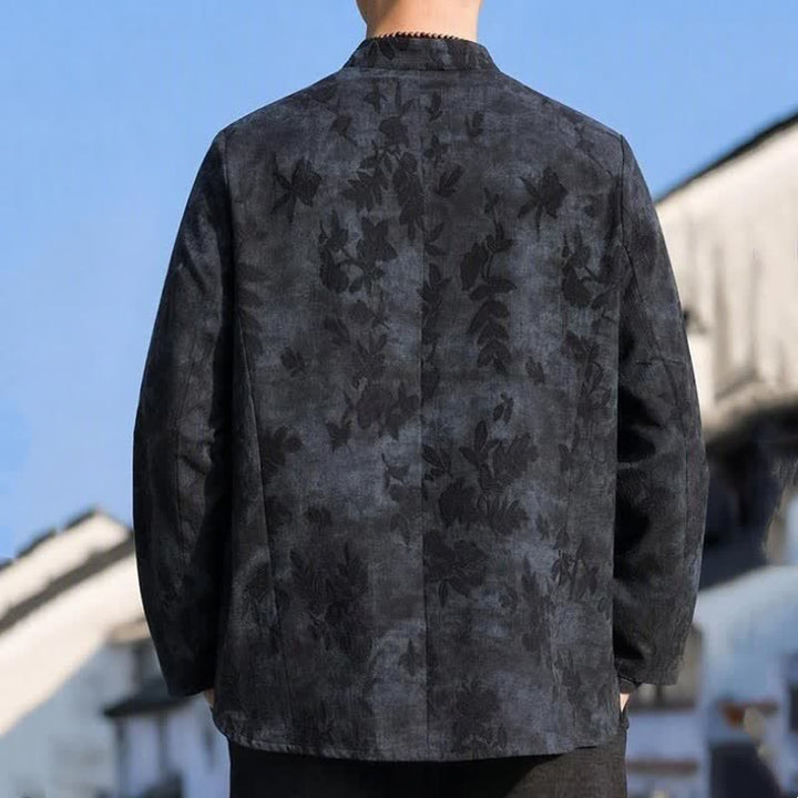 Buddha Stones Fall Winter Vintage Tang Style Mandarin Collar Leaves Abstract Men's Jacket With Pocket - image 4