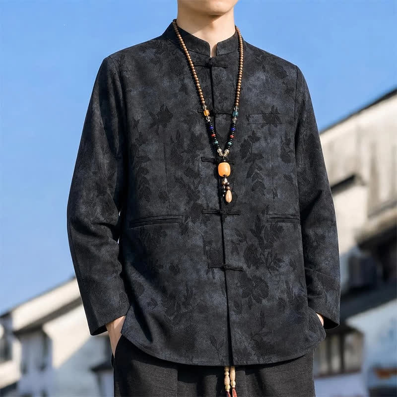 Buddha Stones Fall Winter Vintage Tang Style Mandarin Collar Leaves Abstract Men's Jacket With Pocket - image 1