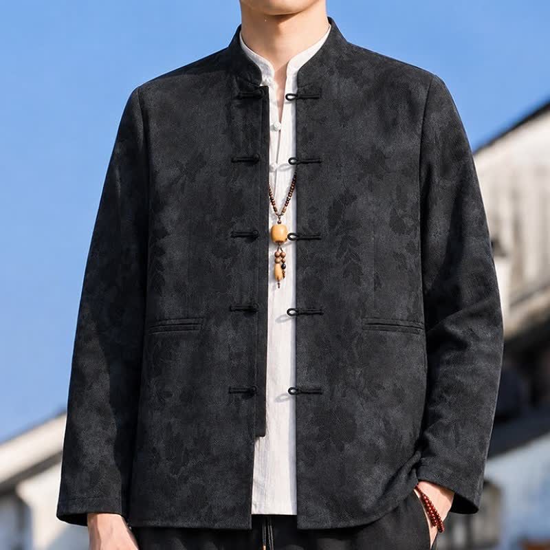 Buddha Stones Fall Winter Vintage Tang Style Mandarin Collar Leaves Abstract Men's Jacket With Pocket - image 6