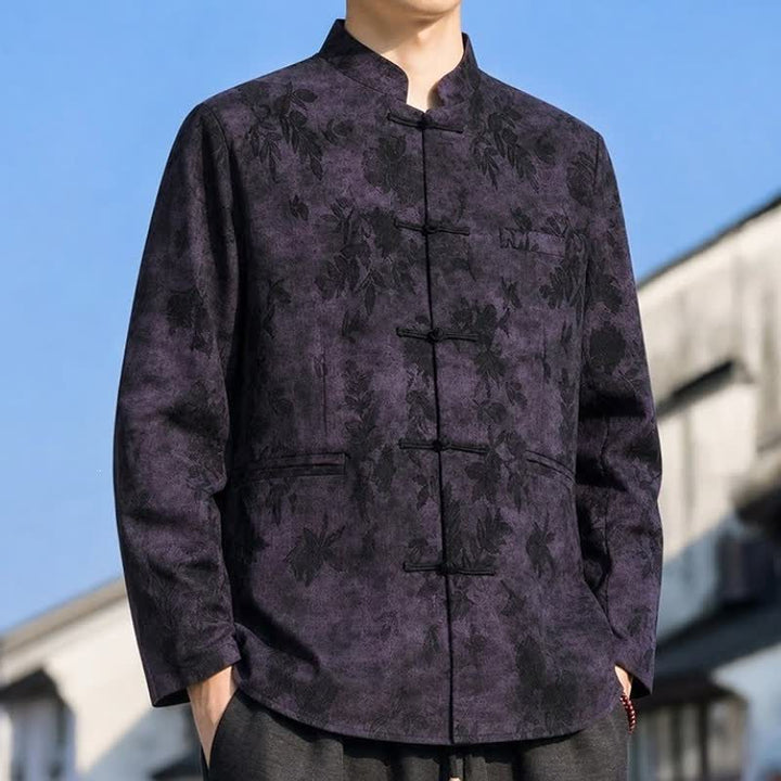Buddha Stones Fall Winter Vintage Tang Style Mandarin Collar Leaves Abstract Men's Jacket With Pocket - image 8