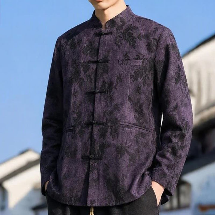 Buddha Stones Fall Winter Vintage Tang Style Mandarin Collar Leaves Abstract Men's Jacket With Pocket - image 12