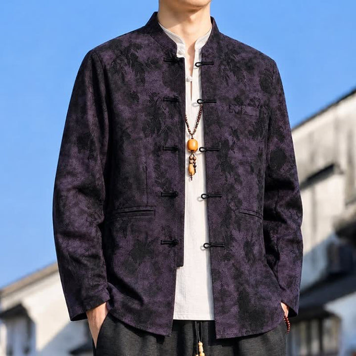 Buddha Stones Fall Winter Vintage Tang Style Mandarin Collar Leaves Abstract Men's Jacket With Pocket - image 10