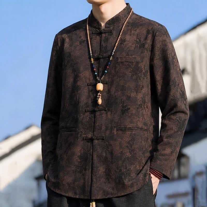 Buddha Stones Fall Winter Vintage Tang Style Mandarin Collar Leaves Abstract Men's Jacket With Pocket - image 16