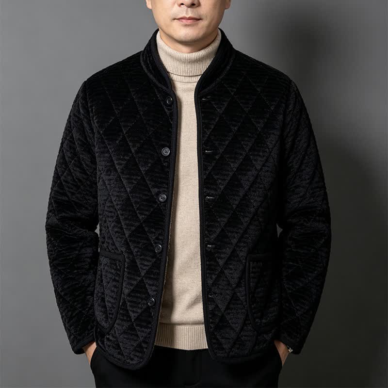Buddha Stones Fall Winter Basic Classic Rhombus Tang Style Mandarin Collar Solid Corduroy Men's Jacket With Pockets - Black - US/UK/AU44，EU54 (5XL) - image 8