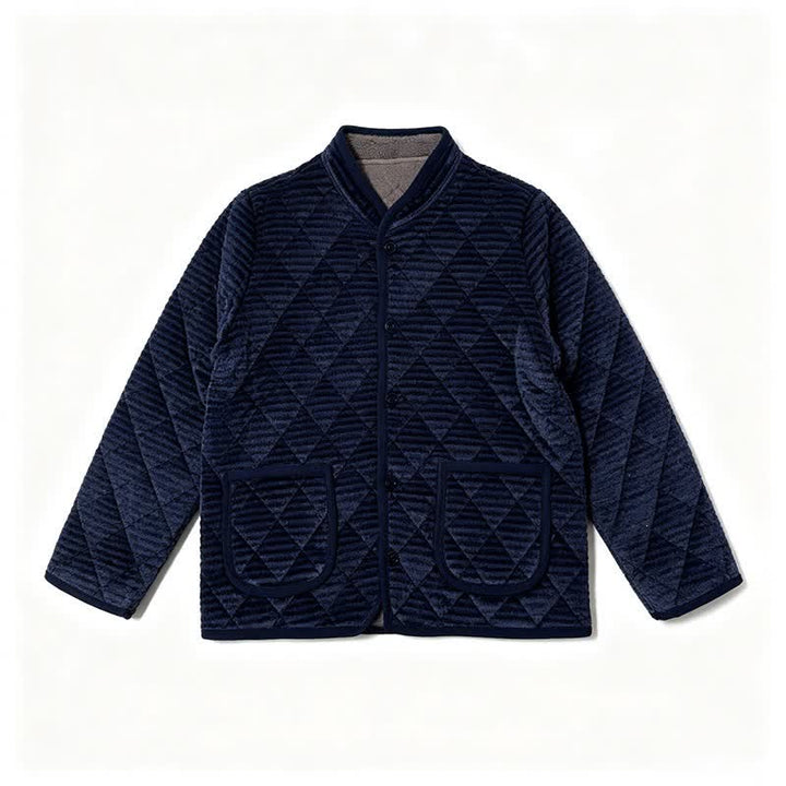 Buddha Stones Fall Winter Basic Classic Rhombus Tang Style Mandarin Collar Solid Corduroy Men's Jacket With Pockets - image 6
