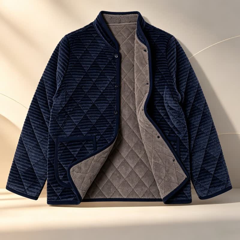 Buddha Stones Fall Winter Basic Classic Rhombus Tang Style Mandarin Collar Solid Corduroy Men's Jacket With Pockets - image 4