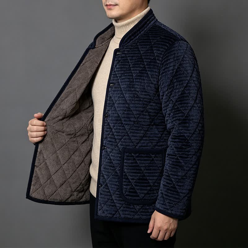Buddha Stones Fall Winter Basic Classic Rhombus Tang Style Mandarin Collar Solid Corduroy Men's Jacket With Pockets - image 1