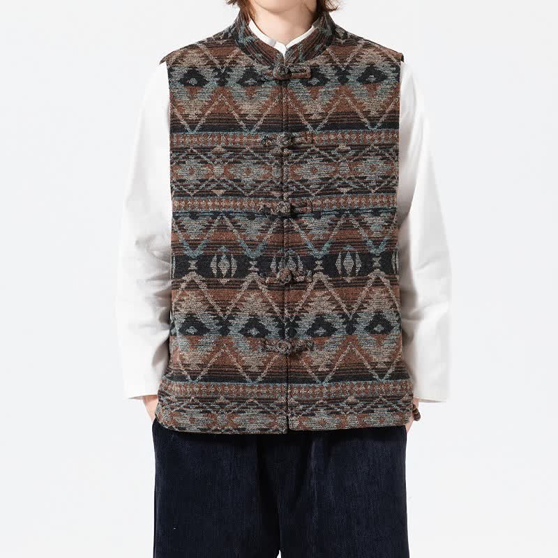 Buddha Stones Fall Winter Vintage Tang Style Mandarin Collar Geometric Tank Top Men's Vest - Tan - US/UK/AU46，EU56 (5XL) - image 0