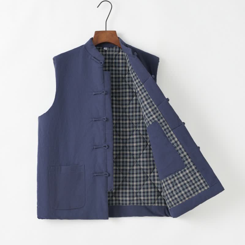Buddha Stones Fall Winter Tang Style Vintage Frog Button Solid Cotton Tank Top Men's Vest With Pocket - SteelBlue - US/UK/AU44，EU54 (4XL) - image 1