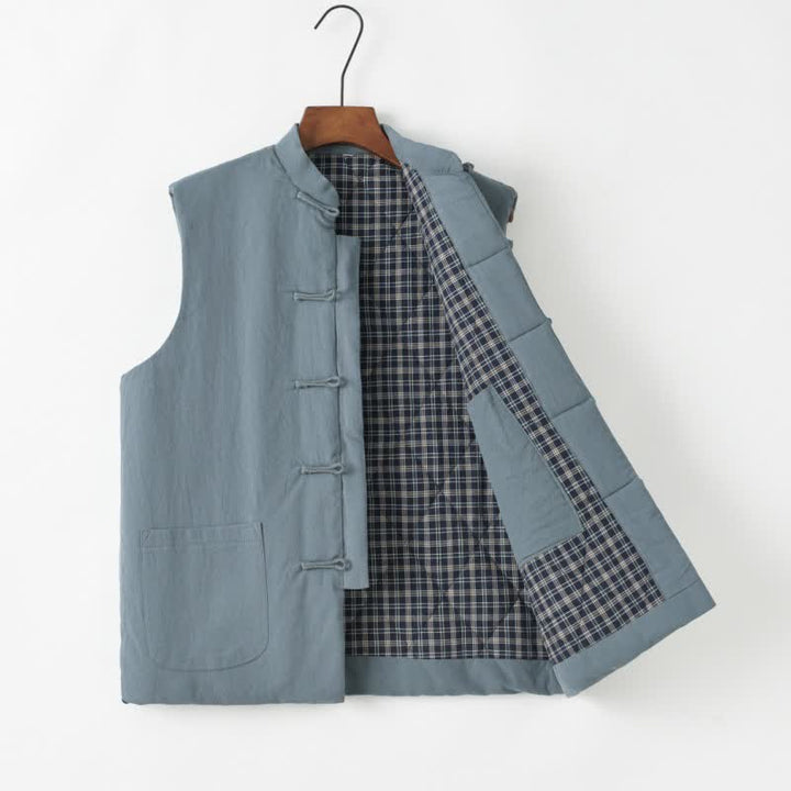 Buddha Stones Fall Winter Tang Style Vintage Frog Button Solid Cotton Tank Top Men's Vest With Pocket - PaleTurquoise - US/UK/AU44，EU54 (4XL) - image 0