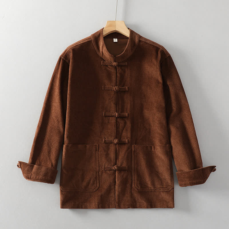Buddha Stones Fall Winter Tang Style Vintage Frog Button Solid Corduroy Men's Jacket With Pockets - image 1