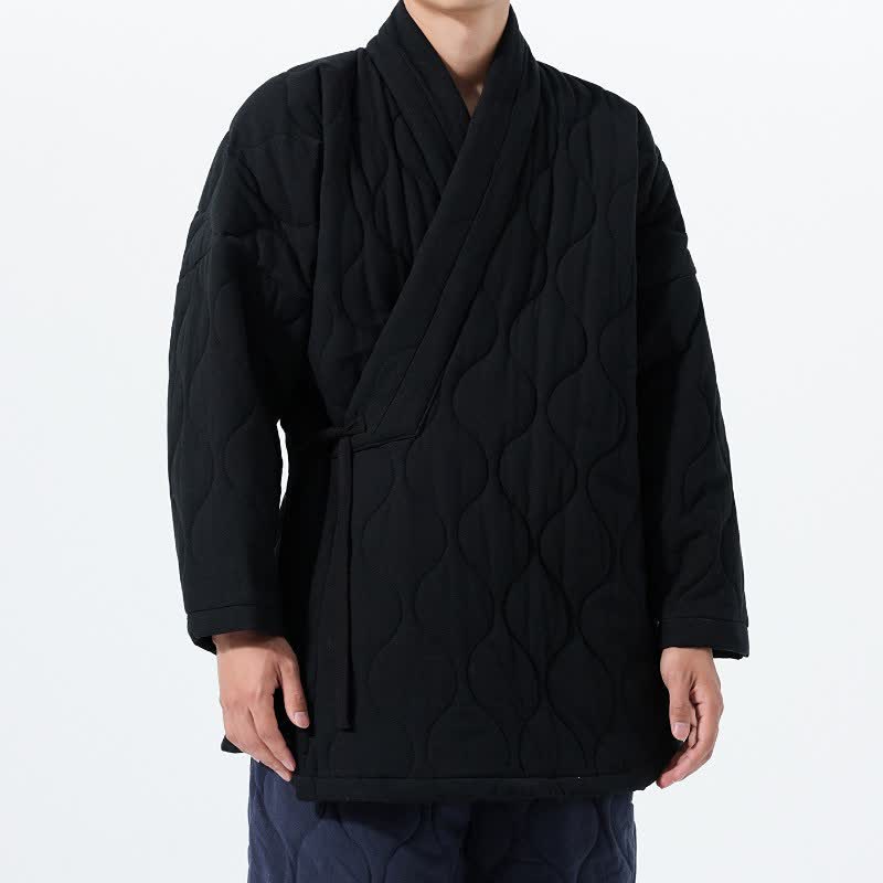 Buddha Stones Fall Winter Casual Tang Style Drawstring Quilted Solid Cotton Men's Kimono With Pockets - Black - US/UK/AU46，EU56 (5XL) - image 19