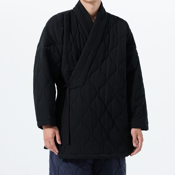 Buddha Stones Fall Winter Casual Tang Style Drawstring Quilted Solid Cotton Men's Kimono With Pockets - Black - US/UK/AU46，EU56 (5XL) - image 19
