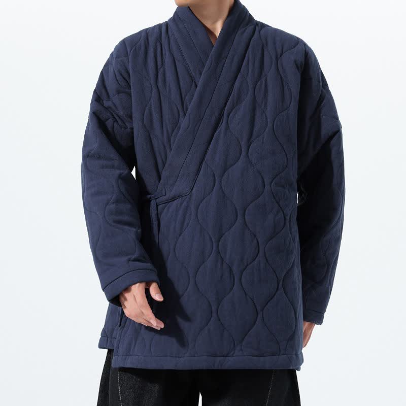 Buddha Stones Fall Winter Casual Tang Style Drawstring Quilted Solid Cotton Men's Kimono With Pockets - MidnightBlue - US/UK/AU46，EU56 (5XL) - image 0