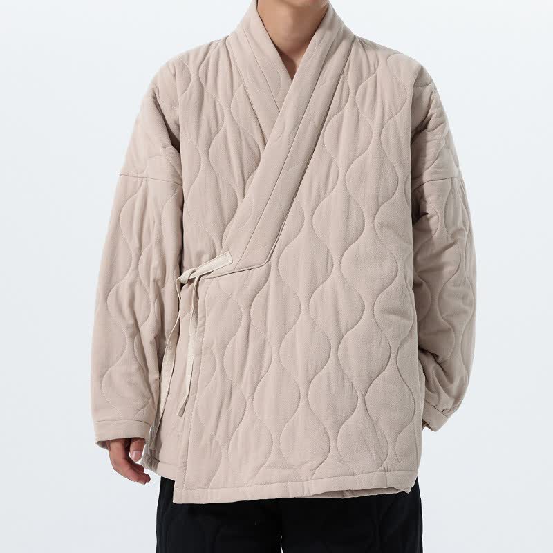 Buddha Stones Fall Winter Casual Tang Style Drawstring Quilted Solid Cotton Men's Kimono With Pockets - Beige - US/UK/AU46，EU56 (5XL) - image 27