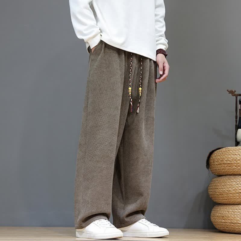 Buddha Stones Fall Winter Casual Vintage Drawstring Solid Long Pants Men's Straight Leg Pants With Pockets - Tan - US/UK/AU46，EU56 (5XL) - image 0
