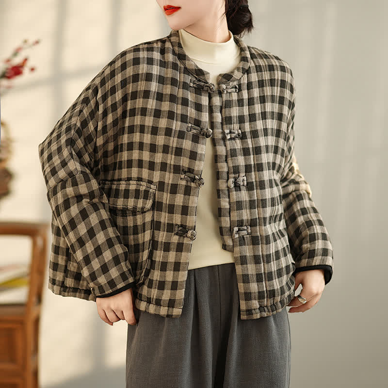 Buddha Stones Fall Winter Casual Vintage Tang Style Tan Plaid Women's Jacket With Pockets - Tan - US4-12，UK/AU8-16，EU36-44 (F) - image 0