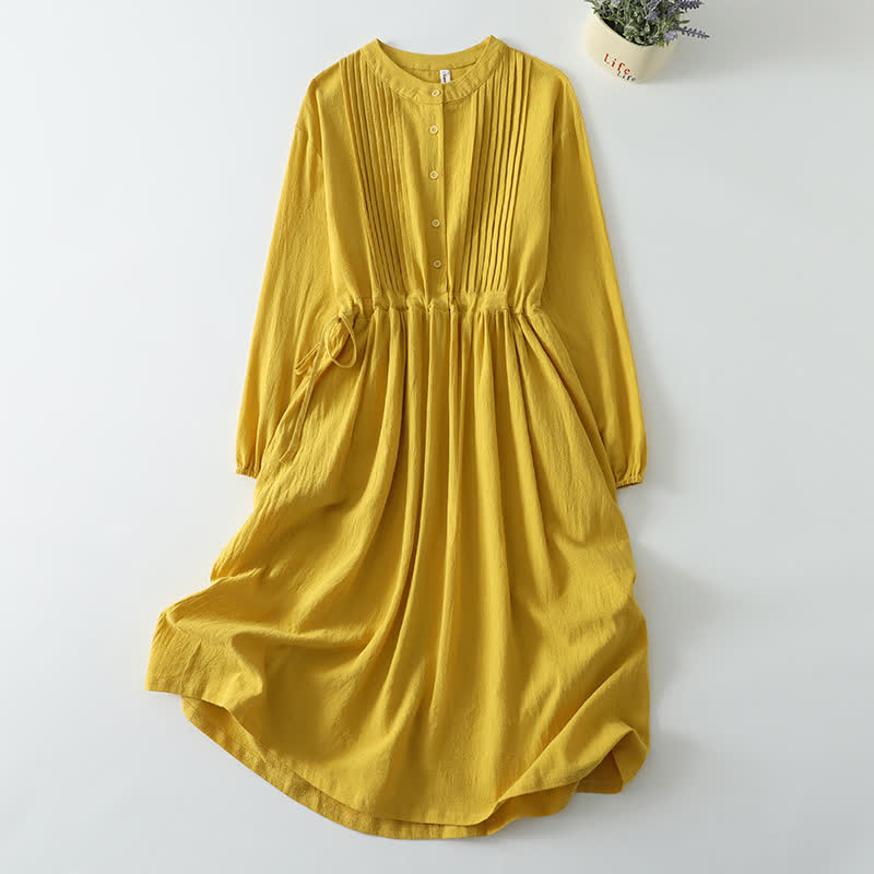 Buddha Stones Fall Winter Casual Vintage Button-Up Drawstring Solid Cotton Linen Women's Long Sleeve Dress With Pocket - Goldenrod - US8-10，UK/AU12-14，EU40-42 (2XL) - image 0