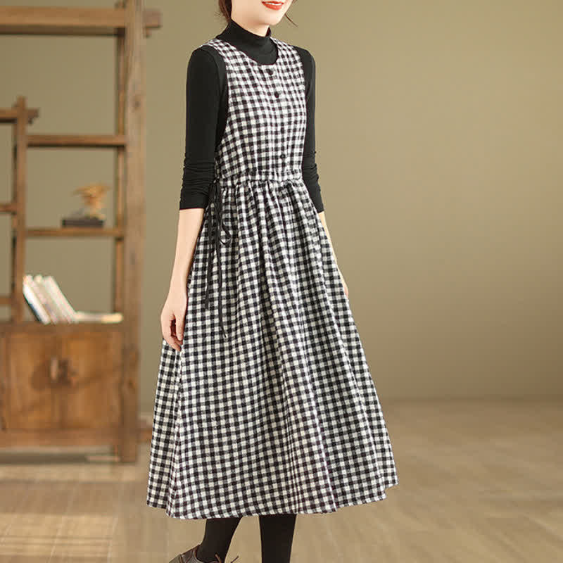 Buddha Stones Fall Winter Casual Vintage High Waist Plaid Women's Winter Sleeveless Dress With Pockets - image 1