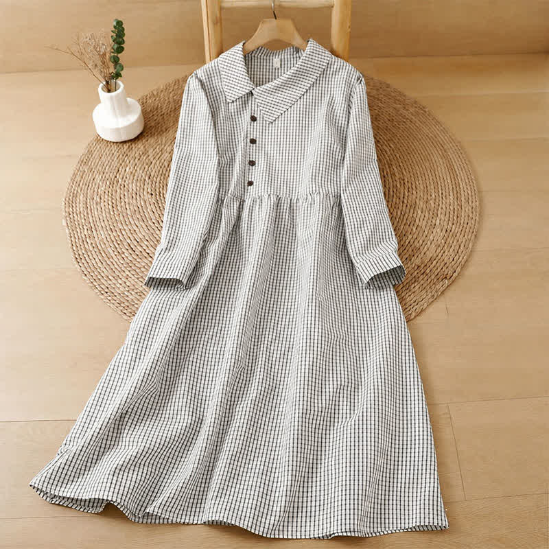 Buddha Stones Fall Vintage Casual Button-Up White Plaid Women's Long Sleeve Dress With Pockets - Whitesmoke - US12, UK/AU16, EU44 (2XL) - image 0