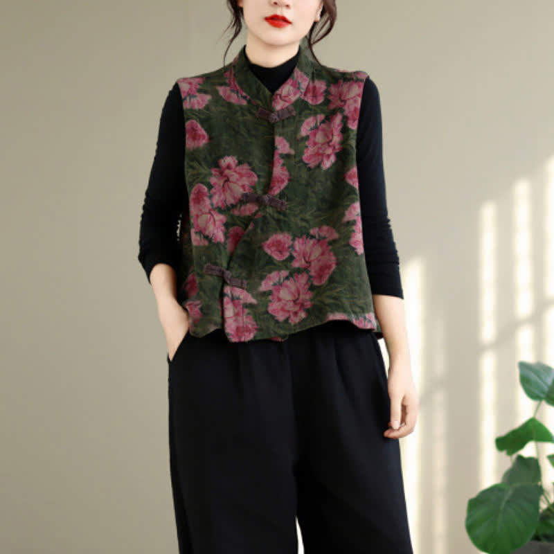 Buddha Stones Fall Vintage Tang Style Frog Button Floral Tank Top Women's Vest - DarkOliveGreen - US4-6, UK/AU8-10, EU36-38 (F) - image 7
