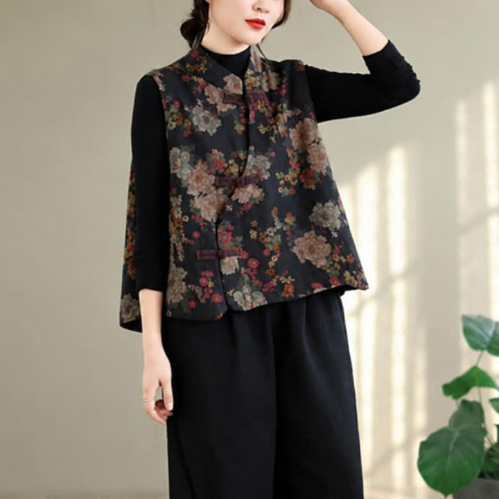 Buddha Stones Fall Vintage Tang Style Frog Button Floral Tank Top Women's Vest - Black - US4-6, UK/AU8-10, EU36-38 (F) - image 5