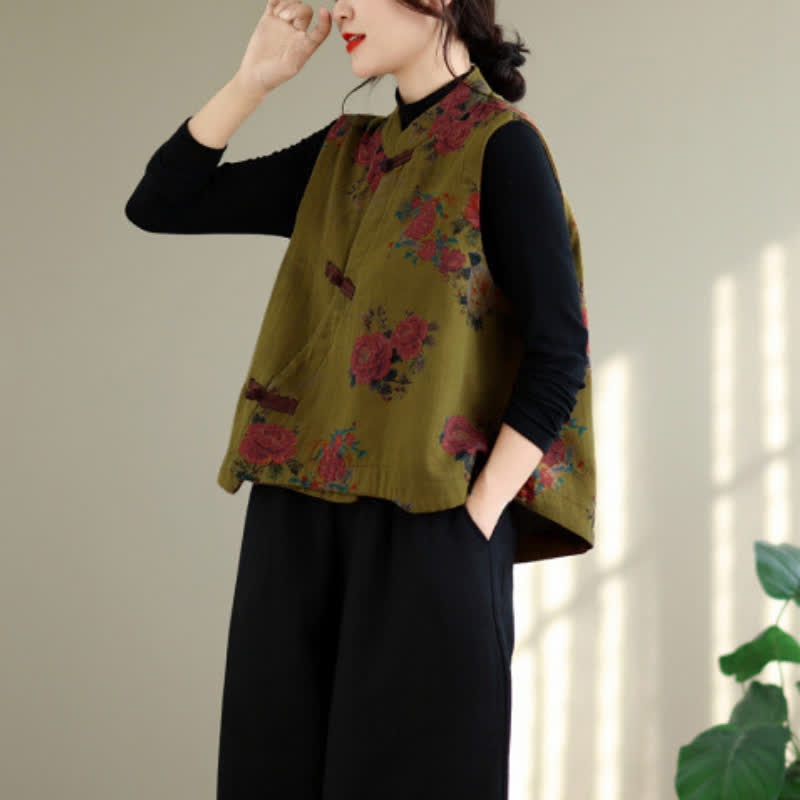 Buddha Stones Fall Vintage Tang Style Frog Button Floral Tank Top Women's Vest - Olive - US4-6, UK/AU8-10, EU36-38 (F) - image 2