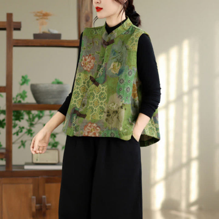 Buddha Stones Fall Vintage Tang Style Frog Button Floral Tank Top Women's Vest - image 1