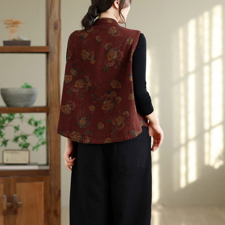 Buddha Stones Fall Vintage Tang Style Frog Button Floral Tank Top Women's Vest - image 4