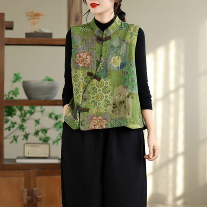 Buddha Stones Fall Vintage Tang Style Frog Button Floral Tank Top Women's Vest - YellowGreen - US4-6, UK/AU8-10, EU36-38 (F) - image 0