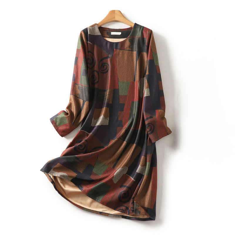 Buddha Stones Fall Winter Vintage Boho Geometric Patchwork Abstract Cotton Women's Long Sleeve Dress With Pockets - Sienna - US8-10, UK/AU12-14, EU40-42 (2XL) - image 0