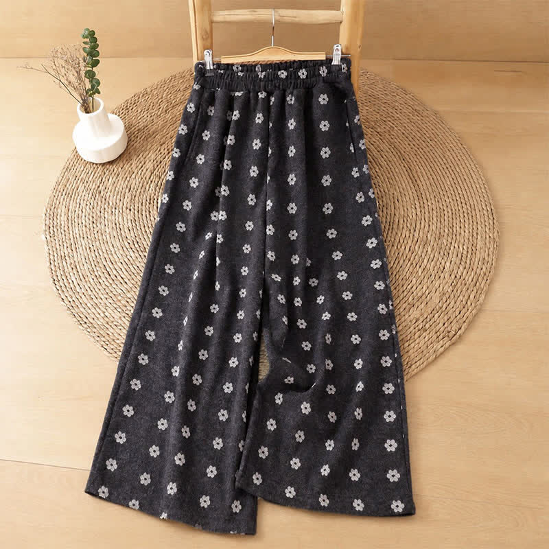 Buddha Stones Fall Winter Casual White Floral Cotton Cropped Pants Women's Wide Leg Pants With Pockets - DimGray - US8-10, UK/AU12-14, EU40-42 (2XL) - image 0