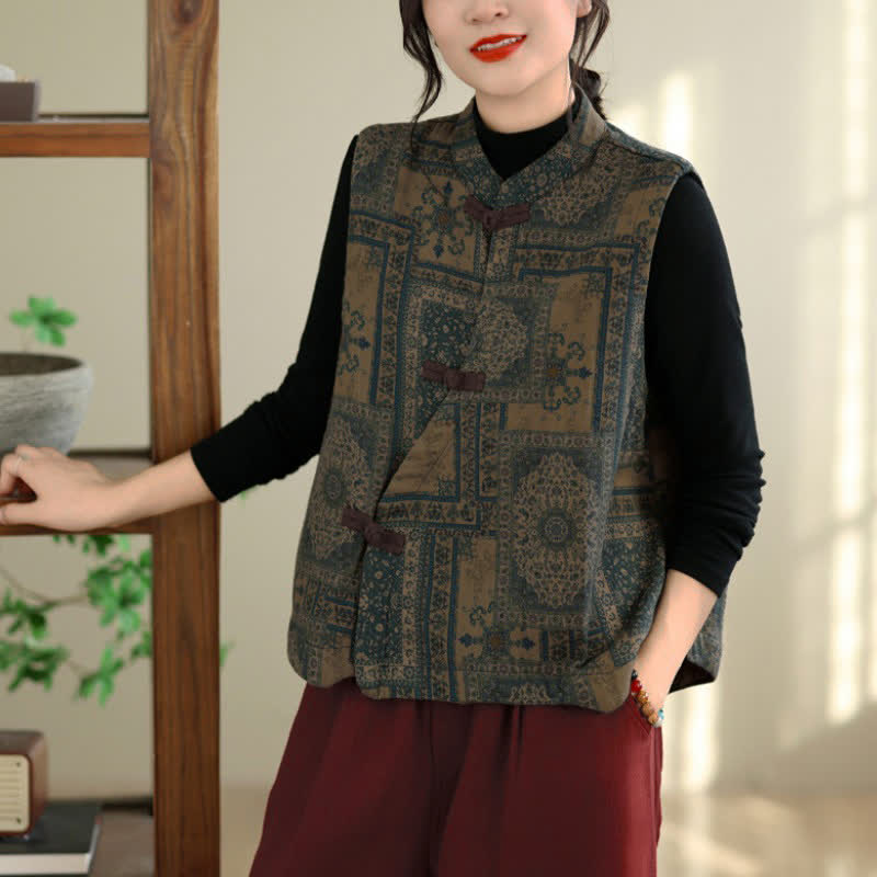 Buddha Stones Fall Winter Vintage Tang Style Mandarin Collar Frog Button Geometric Cotton Tank Top Women's Vest - SteelBlue - US8-10，UK/AU12-14，EU40-42 (2XL) - image 0