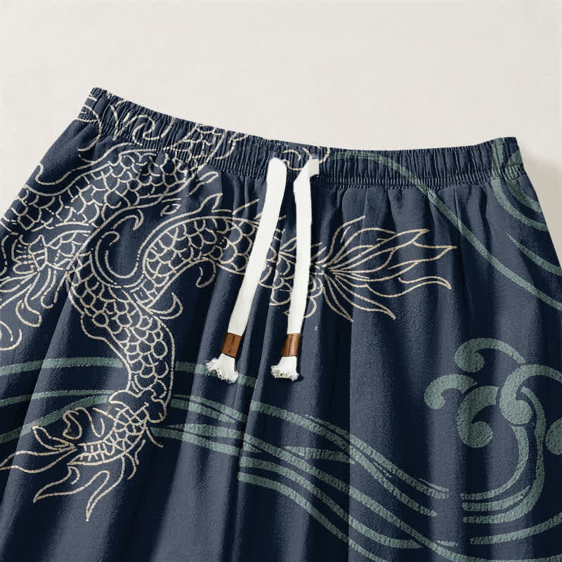 Buddha Stones Pure Cotton Ethnic Dragon Art Pattern Drawstring Men's Harem Pants With Pockets - image 3