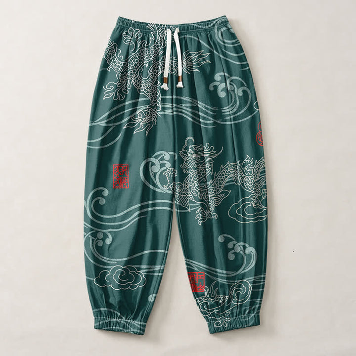 Buddha Stones Pure Cotton Ethnic Dragon Art Pattern Drawstring Men's Harem Pants With Pockets - image 7