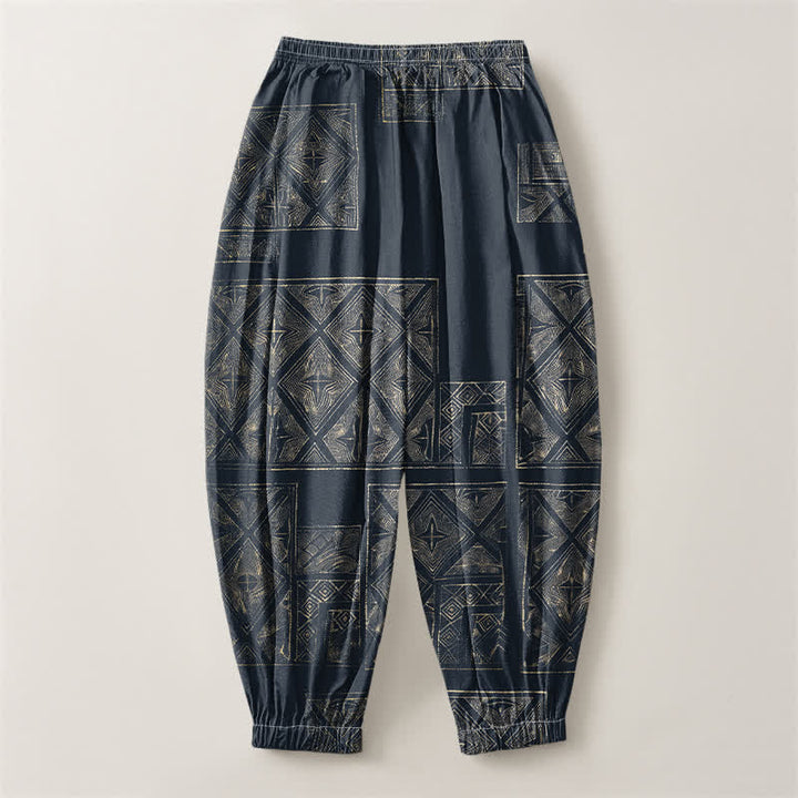 Buddha Stones Pure Cotton Ethnic Lattice Pattern Drawstring Men's Harem Pants With Pockets - image 2