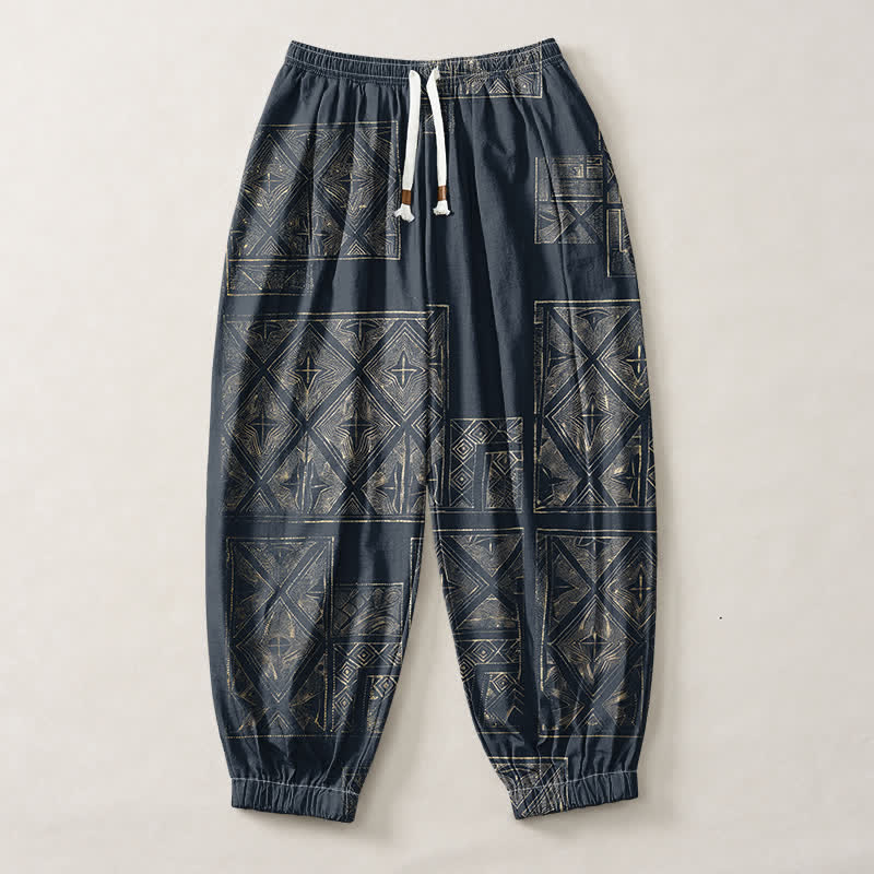Buddha Stones Pure Cotton Ethnic Lattice Pattern Drawstring Men's Harem Pants With Pockets - image 1