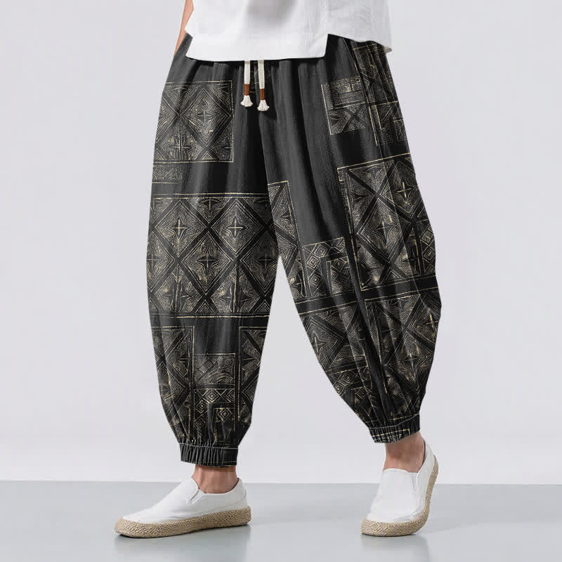 Buddha Stones Pure Cotton Ethnic Lattice Pattern Drawstring Men's Harem Pants With Pockets - Black - US/UK/AU50，EU60 (5XL) - image 12