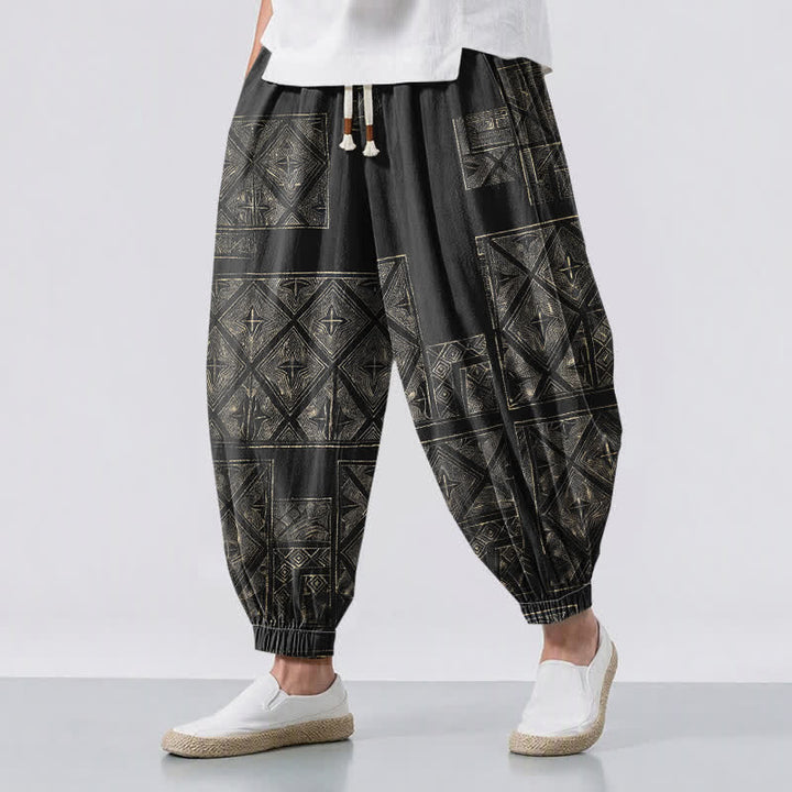 Buddha Stones Pure Cotton Ethnic Lattice Pattern Drawstring Men's Harem Pants With Pockets - Black - US/UK/AU50，EU60 (5XL) - image 12