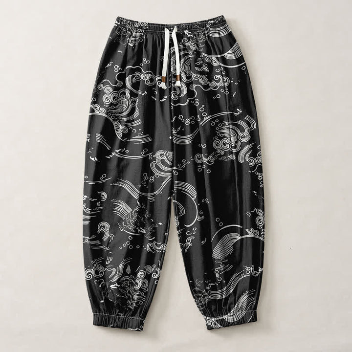 Buddha Stones Pure Cotton Cloud Wave Pattern Drawstring Men's Harem Pants With Pockets - image 1