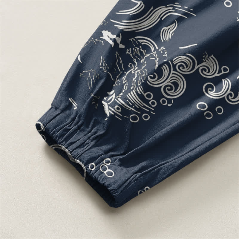 Buddha Stones Pure Cotton Cloud Wave Pattern Drawstring Men's Harem Pants With Pockets - image 10