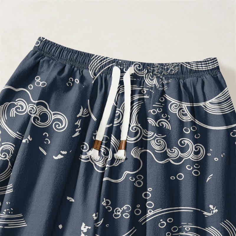 Buddha Stones Pure Cotton Cloud Wave Pattern Drawstring Men's Harem Pants With Pockets - image 9