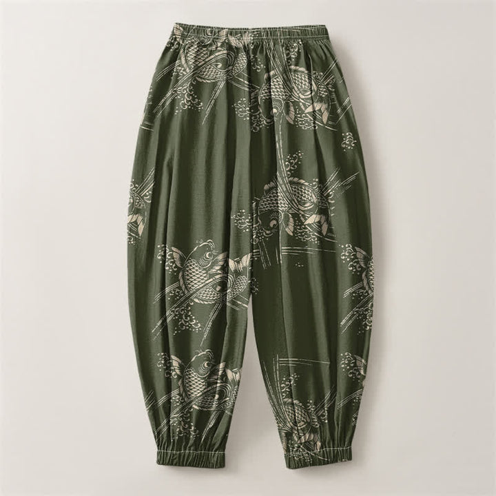 Buddha Stones Pure Cotton Koi Fish Pattern Drawstring Men's Harem Pants With Pockets - image 14
