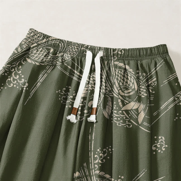 Buddha Stones Pure Cotton Koi Fish Pattern Drawstring Men's Harem Pants With Pockets - image 15